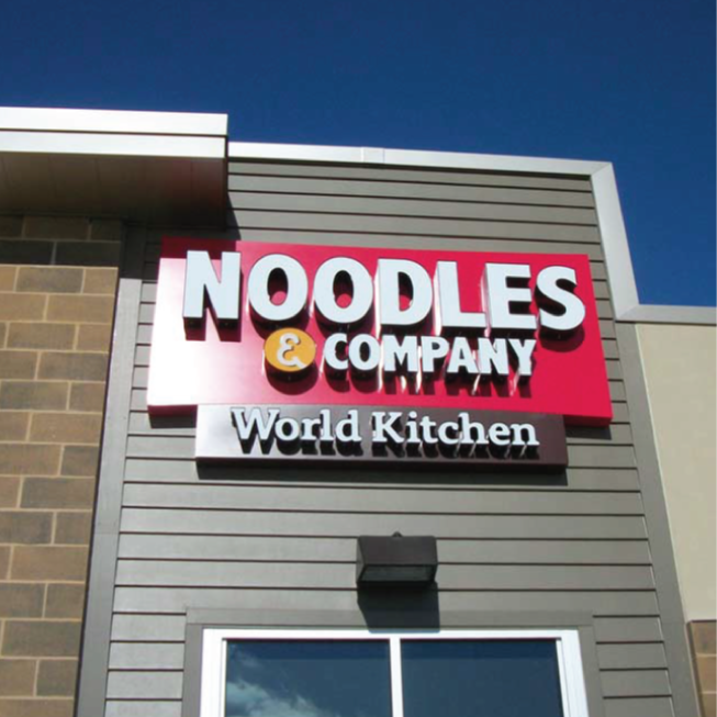 Wall-mounted channel letters for a restaurant.