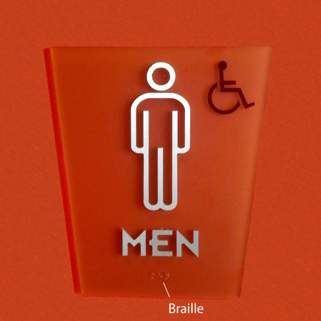 Restroom sign with braille.